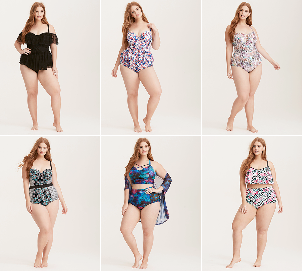 Plus size swimsuit special 2017 // Polka Dot Mesh Off Shoulder One Piece Swimsuit, USD $108.90 from Torrid | Geo Print Peplum Midkini Top USD $78.90 and Bottoms USD $44.90 from Torrid | Snake Skin Print Lattice Front One Piece Swimsuit, USD $88.90 from Torrid | Tile Print Push Up One Piece Swimsuit, USD $98.90 from Torrid | Galaxy Print Strap Keyhole Bikini Top USD $58.90 and Bottom USD $44.90 from Torrid | Rose Chevron Print Flounce Bikini Top USD $58.90 and Bottom USD $38.90 from Torrid