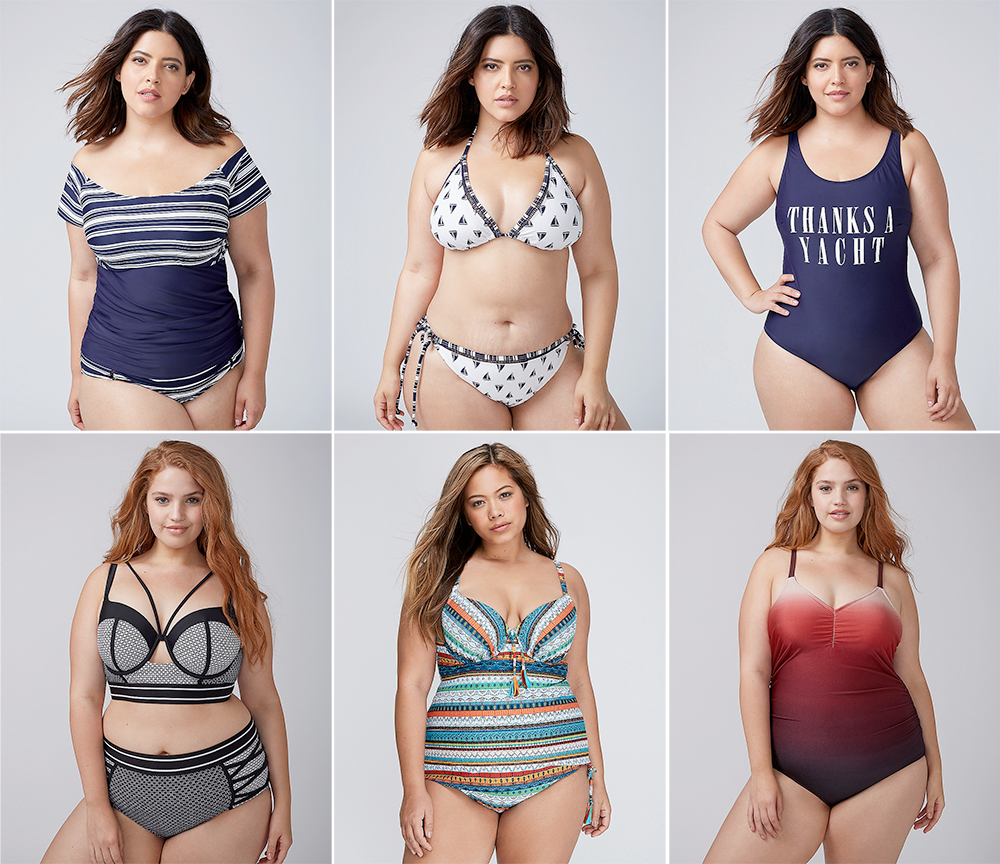 Plus size swimsuit special 2017 // Off-the-Shoulder Swim Tankini, Top with Built-In Bandeau Bra USD $68.50-$78.50 and Swim Brief USD $50.50 from Lane Bryant | Sailboats String Bikini Top USD $52.50 and Bottoms USD $48.50 from Lane Bryant | Thanks a Yacht Scoop-Neck Swim One Piece, USD $110.50 from Lane Bryant | Colorblock Longline Bikini, Top with Built-In Balconette Bra USD $64.50-$74.50 and Bottoms USD $54.50 from Lane Bryant | Swim Tankini Top with Built-In Balconette Bra USD $78.50 and Tassel Drawstring High-Waist Swim Brief USD $39.99 from Lane Bryant | Shimmer Ombre Swim One-Piece with Built-In No-Wire Bra, USD $120.50 from Lane Bryant