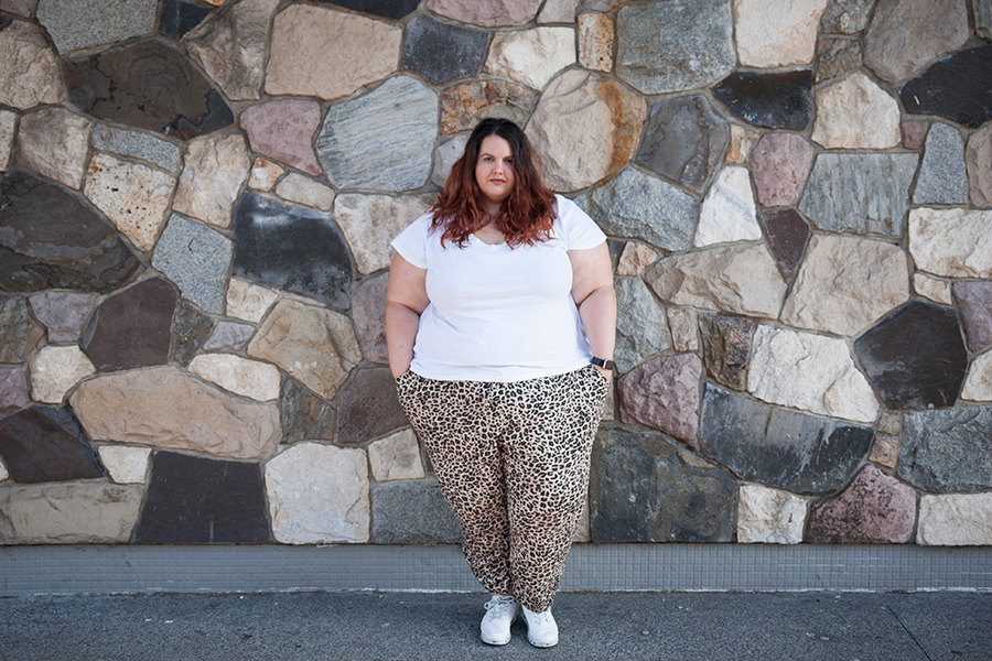 New Zealand plus size fashion blogger Meagan Kerr wears V Neck Tee and Leopard Print Challis Jogger Pants from Torrid