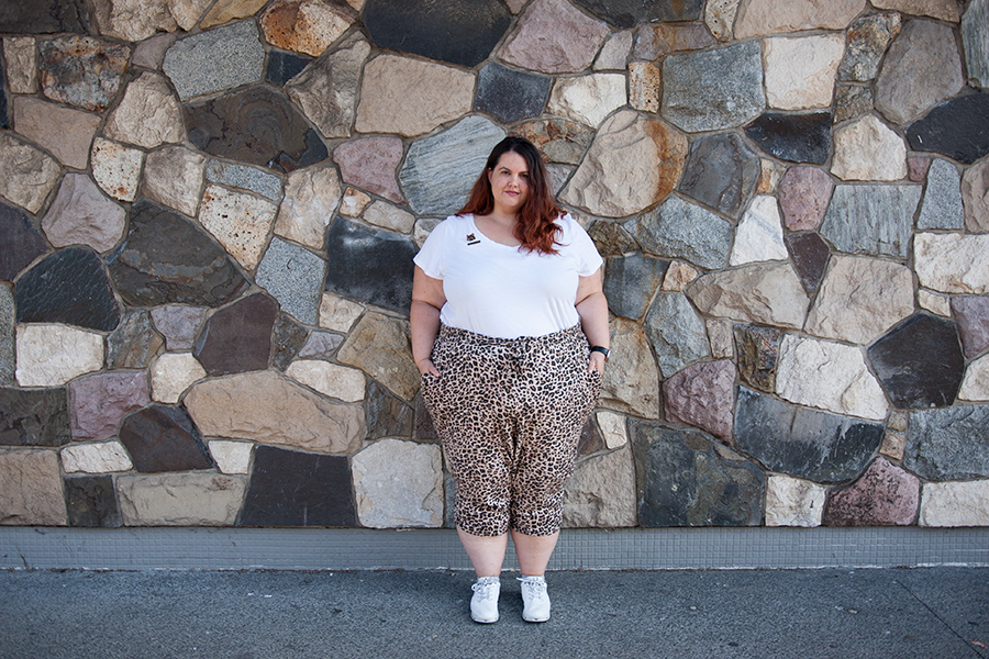 New Zealand plus size fashion blogger Meagan Kerr wears V Neck Tee and Leopard Print Challis Jogger Pants from Torrid