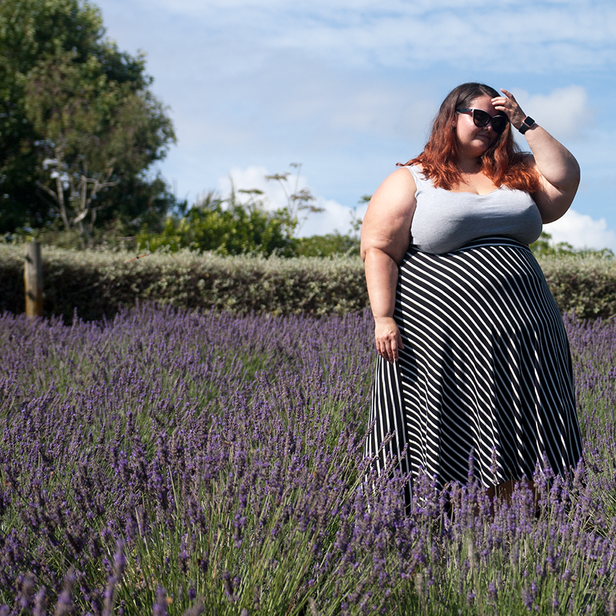 New Zealand plus size blogger Meagan Kerr wears River Island Plus tank top and K&K Hi Lo striped skirt at Lavender Hill Farm, Auckland