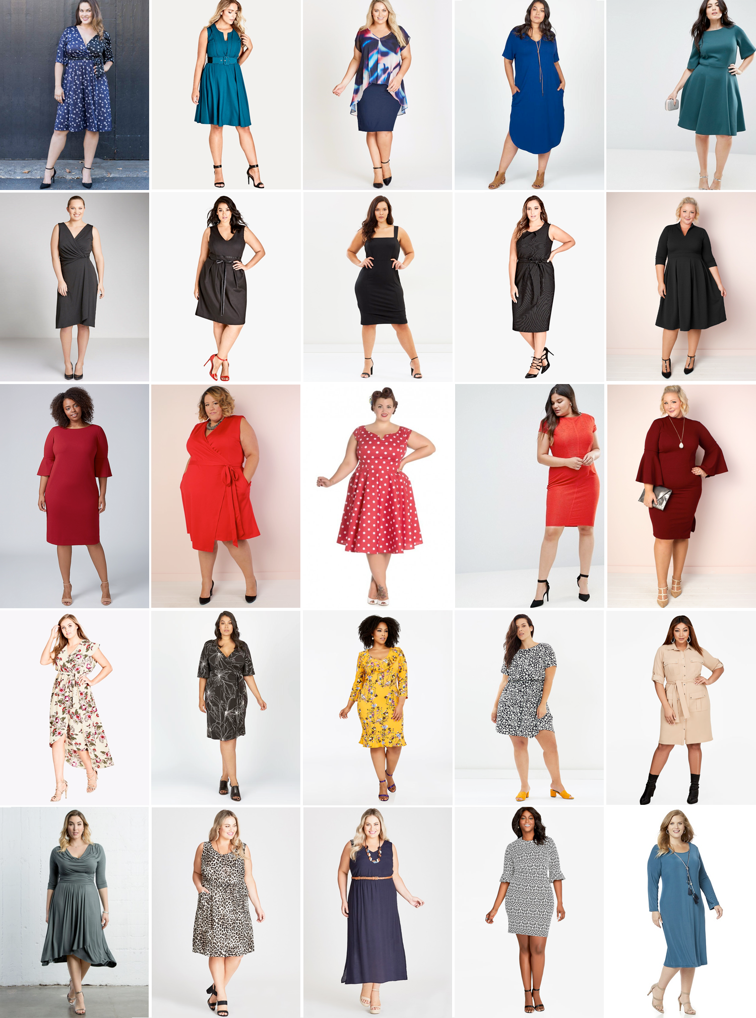 Plus size workwear dresses // Row 1 L-R: Aria Tie Dress, USD $98.00 from Kiyonna; Vintage Veronica Dress, $109.99 from City Chic; Fiesta Print Overlay Dress, $129.99 from Autograph; Don't Be Cruel Maxi Dress, AUD $199.00 from Harlow; Closet London Plus Kimono Sleeve Skater Dress, AUD $119.00 from ASOS. Row 2 L-R: Sara Drape Wrap Dress, $89.00 from EziBuy; Ballet Tie Dress, $149.99 from City Chic; Atmos&Here Curvy Faith Pencil Dress, AUD $69.95 from The Iconic; Aster Dress, $109.99 from City Chic; Valerie Pleated V-Neck Dress, USD $59.99 from Society+. Row 3 L-R: Bell-Sleeve Scuba Sheath Dress, USD $99.95 from Lane Bryant; The Power Wrap Dress, USD $89.99 from Society+; Hell Bunny Nicky Dress, $109.00 from Two Lippy Ladies; Closet London Plus Structured Plisse Pencil Dress, AUD $99.00 from ASOS; Bella Bodycon with Bell Sleeves, USD $49.99 from Society+. Row 4 L-R: Lolita Wrap Maxi Dress, $149.99 from City Chic; Siren Wrap Dress, AUD $259.00 from Harlow; Ruffle Neck Floral Print Dress, USD $29.70 from Ashley Stewart; Atmos&Here Curvy Francis Shift Dress, AUD $59.95 from The Iconic; Belted Button Front Safari Dress, USD $32.70 from Ashley Stewart. Row 5 L-R: Draped in Class Dress, USD $74.99 from Kiyonna; Sleeveless Pocket Detail Dress, $54.99 from Autograph; Maxi Dress With Belt, $84.99 from Autograph; Bell Sleeve Print Sheath Dress, USD $32.70 from Ashley Stewart; Sleek Stretch All-Day Dress and Necklace Set, $119.00 from Catherines