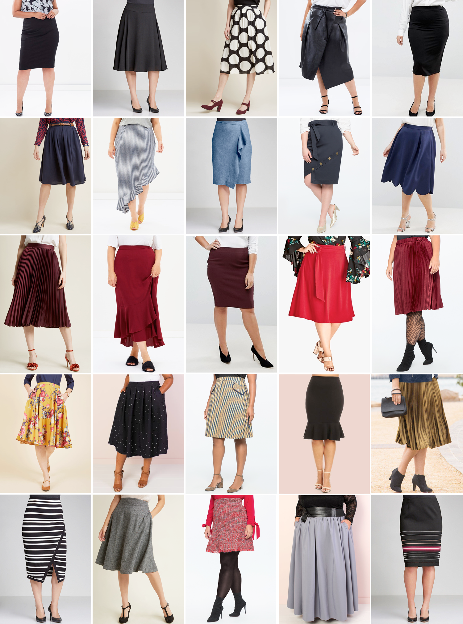 Plus size workwear skirts // Row 1 L-R: Atmos&Here Curvy Malia Jersey Pencil Skirt, AUD $29.95 from The Iconic; Sara Basque Panel Skirt, $49.00 from EziBuy; Woven A-Line Skirt with Pockets, USD $69.00 from ModCloth; Alison Dominy Karen Pleated Faux Leather Skirt, AUD $150.00 from The Iconic; ASOS CURVE Jersey Pencil Skirt, $21.85 from ASOS. Row 2 L-R: Breathtaking Tiger Lilies Midi Skirt, USD $22.97 from ModCloth; Atmos&Here Curvy Coco Ruffle Skirt, AUD $54.95 from The Iconic; Sara Ruffle Skirt, $49.00 from EziBuy; Button Hem Pencil Skirt, USD $89.90 from Eloquii; ASOS CURVE Prom Skirt with Scallop Hem, AUD $60.00 from ASOS. Row 3 L-R: Polished Pleated Midi Skirt, USD $69.00 from ModCloth; EVANS Ruffle Hem Skirt, AUD $69.95 from The Iconic; ASOS CURVE High Waisted Pencil Skirt, AUD $36.00 from ASOS; Joyful Skirt, $99.99 from City Chic; Pleated Midi Skirt, USD $69.90 from Eloquii. Row 4 L-R: Ikebana for All A-Line Midi Skirt, USD $69.00 from ModCloth; Kate Midington Skirt, USD $35.99 from Society+; Printed A-Line Skirt with Piping, USD $79.90 from Eloquii; Mellie Super Stretch Ruffle Skirt, USD $17.99 from Society+; Sara Metallic Pleat Skirt, $35.00 from EziBuy. Row 5 L-R: Sara Midi Skirt, $69.99 from EziBuy; Prim Class Hero Midi Skirt, USD $65.00 from ModCloth; Tweed Fit and Flare Skirt, USD $89.90 from Eloquii; Twirl Maxi Skirt with Pockets, USD $41.99 from Society+; Sara Midi Stripe Skirt, $69.99 from EziBuy.