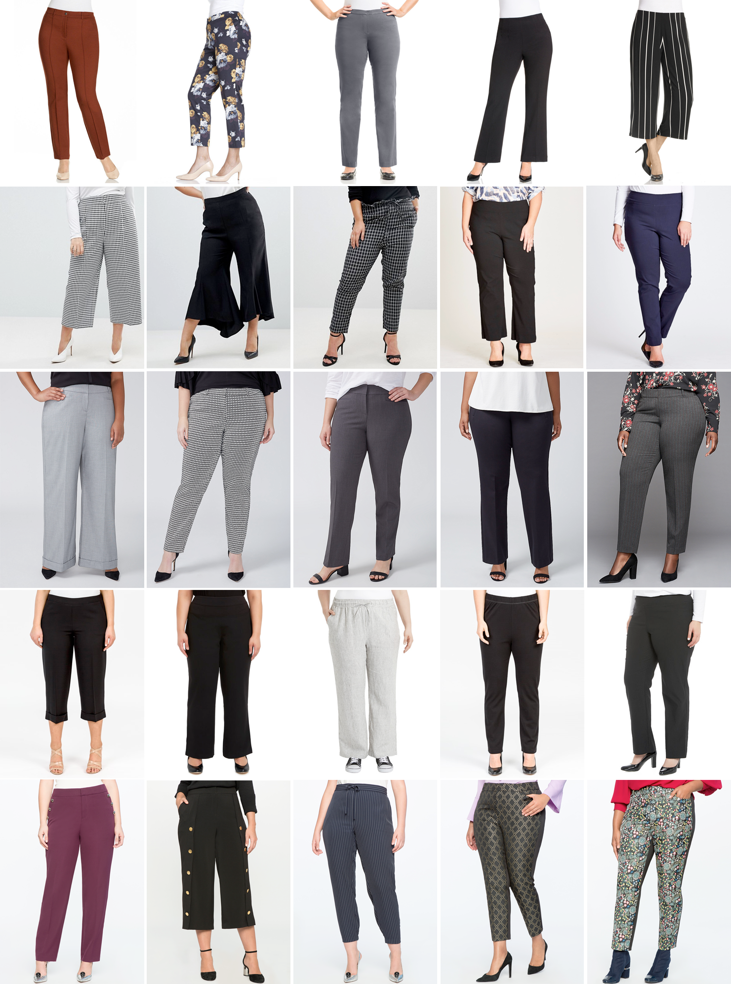 Plus size workwear trousers // Row 1 L-R: Sara So Slimming Stretch Pant, $39.00 from EziBuy; Sara Cotton Sateen Stretch Pant, $45.00 from EziBuy; Sara Bengaline Long Zip Pant, $59.99 from EziBuy; Sara Workwear Pant, $69.99 from EziBuy; Sara Dry Knit Culotte, $79.99 from EziBuy. Row 2 L-R: ASOS CURVE Tailored Dogtooth Longer Length Culotte, $87.41 from ASOS; ASOS CURVE Tailored Soft Fluted Pant, $76.48 from ASOS; Fashion Union Plus Check Pants With Paperbag Waist, $69.93 from ASOS; Super Stretch Kick-Flare Pant, $44.99 from Autograph; Super Stretch Pant; $44.99 from Autograph. Row 2 L-R: Allie Tailored Stretch Wide Leg Pant, USD $69.95 from Lane Bryant; Allie Ankle Pant, USD $69.95 from Lane Bryant; Lena Tailored Stretch Straight Leg Pant with T3 Technology, USD $44.99 from Lane Bryant; Ponte Trouser Pant, USD $59.95 from Lane Bryant; Striped Ankle Pant by GLAMOUR X LANE BRYANT, USD $49.99 from Lane Bryant. Row 4 L-R: Wide Leg Marina Pant, $109.90 from K&K; Wild Child Formal Pull-On Pant, $79.99 from Farmers; Wild Child Linen Wide Leg Stripe Pant, $99.99 from Farmers; Pull On Ponte Pant, $89.90 from K&K; Yourself Luxe Essential Full Length Pant, $69.99 from Farmers. Row 5 L-R: Button Detail Straight Leg Pant, USD $84.90 from Eloquii; Wide Leg Button Culottes, USD $89.90 from Eloquii; Pinstripe Trouser, USD $89.90 from Eloquii; Kady Fit Brocade Pant, USD $94.90 from Eloquii; Kady Fit Floral Brocade Pant, USD $94.90 from Eloquii