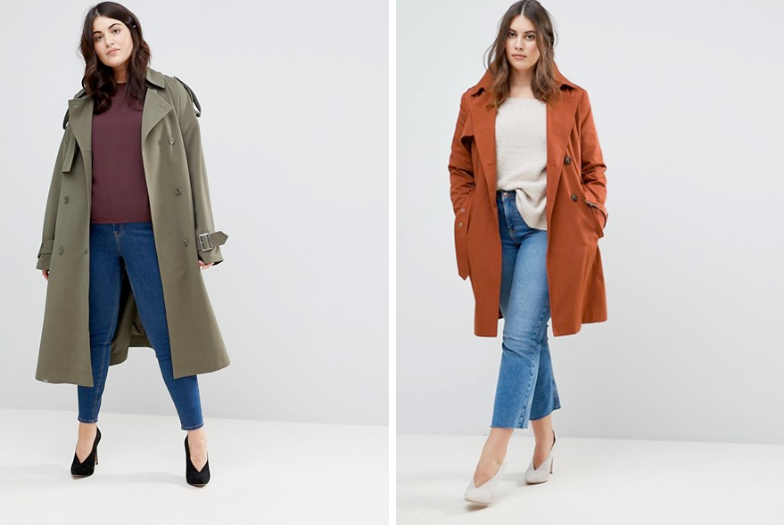 Plus Size Coats | ASOS CURVE Statement Mac with Buckle Detail, AUD $159.00 from ASOS and ASOS CURVE Classic Trench Coat, AUD $109.00 from ASOS