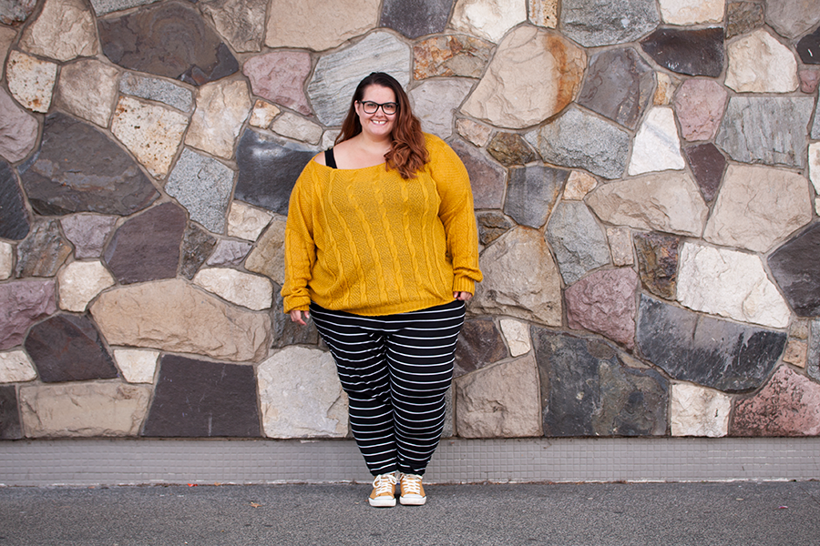 New Zealand plus size fashion blogger Meagan Kerr wears Missguided Curve Yellow Off Shoulder Cable Jumper with Kate Madison Striped Harem Pants and Specsavers Alexa Glasses