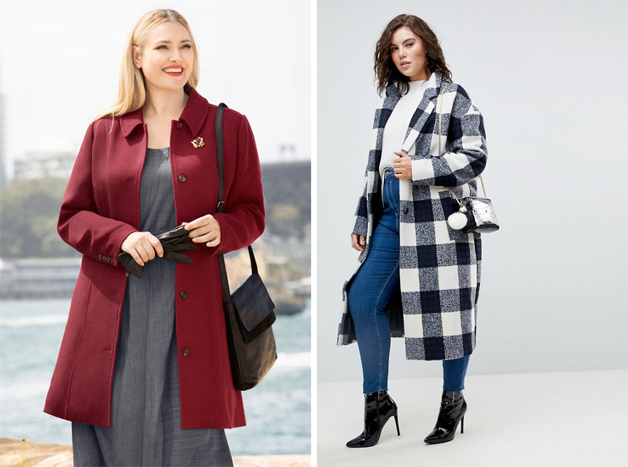 Plus Size Coats | Sara Empire Coat, $99.00 from EziBuy and ASOS CURVE Check Slim Coat with Pocket Detail, AUD $149.00 from ASOS