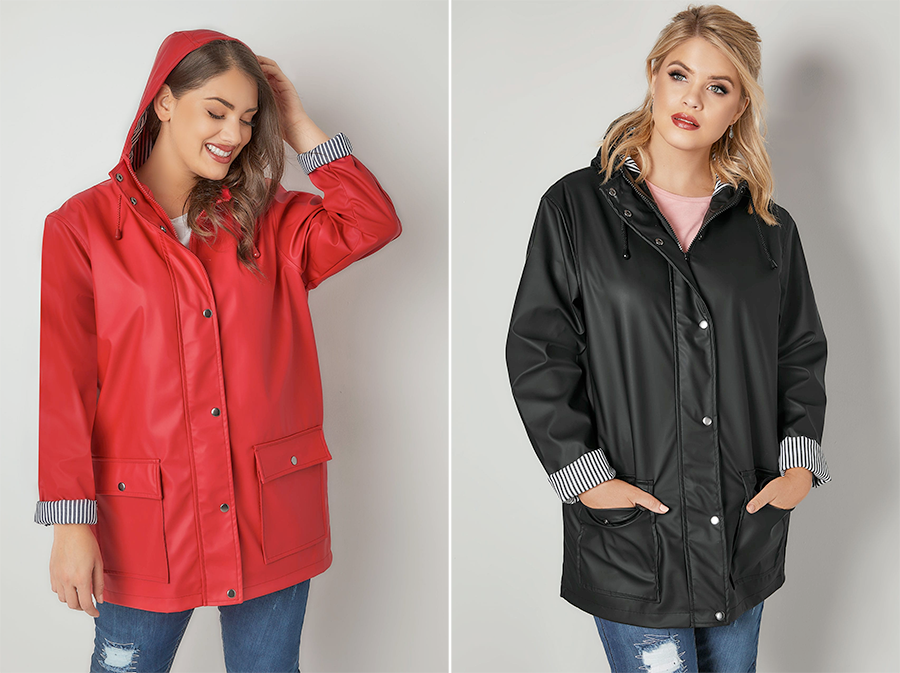 Plus Size Coats | Red Coated Mac With Striped Lined Hood, AUD $80.00 from Yours Clothing and Black Coated Mac With Striped Lined Hood, AUD $80.00 from Yours Clothing