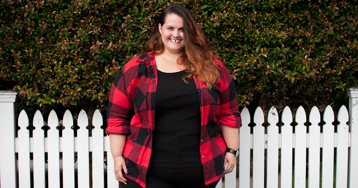New Zealand plus size fashion blogger Meagan Kerr wears Kate Madison Check Roll Sleeve Shirt from The Warehouse