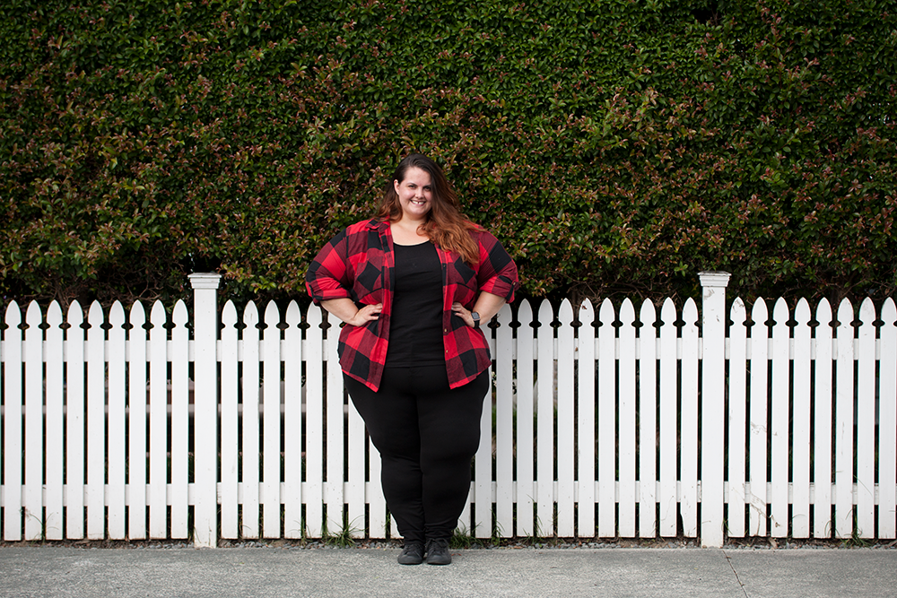 New Zealand plus size fashion blogger Meagan Kerr wears Sara Tank from EziBuy and Kate Madison Check Roll Sleeve Shirt from The Warehouse