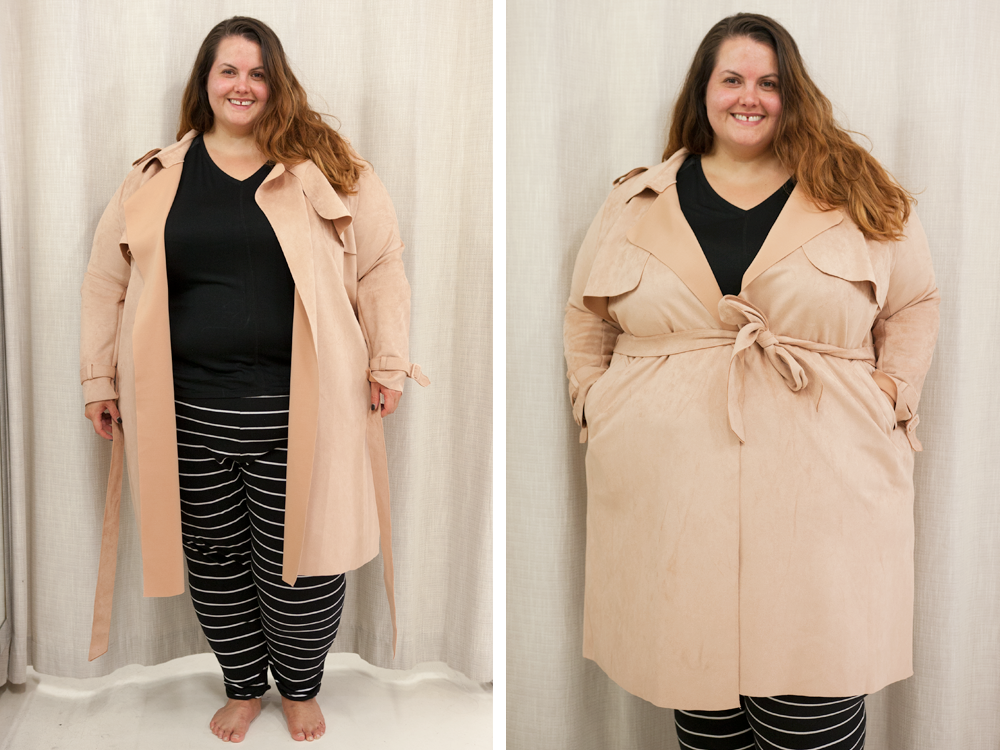 Rebel Wilson x Angels at Zebrano. New Zealand plus size blogger Meagan Kerr wears Mixed Media Pocket Tee with Suede Trench Coat