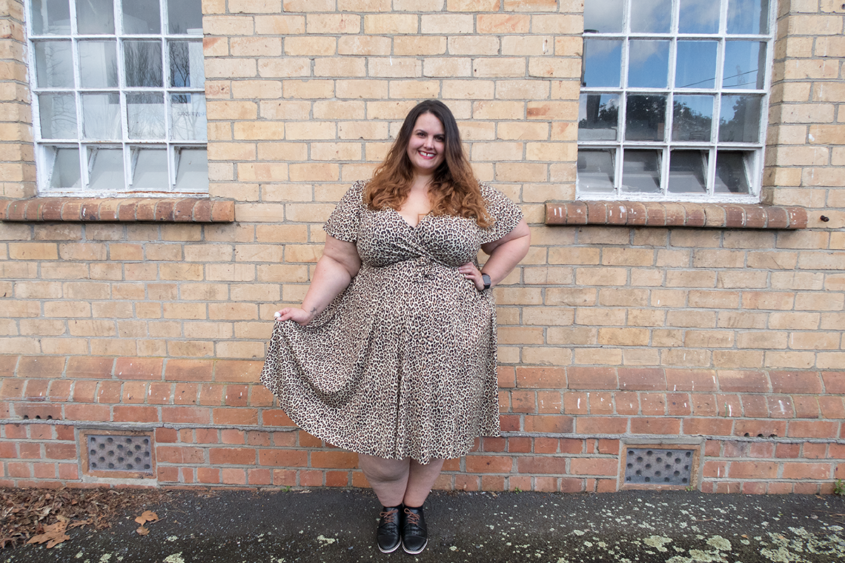 New Zealand plus size fashion blogger Meagan Kerr wears Lady Voluptuous Lyra Dress in leopard print, exclusive to Two Lippy Ladies, Emerge Anaheim Cut-out Lace Up Court Flat from EziBuy. Photo by Miss Charlotte Cake
