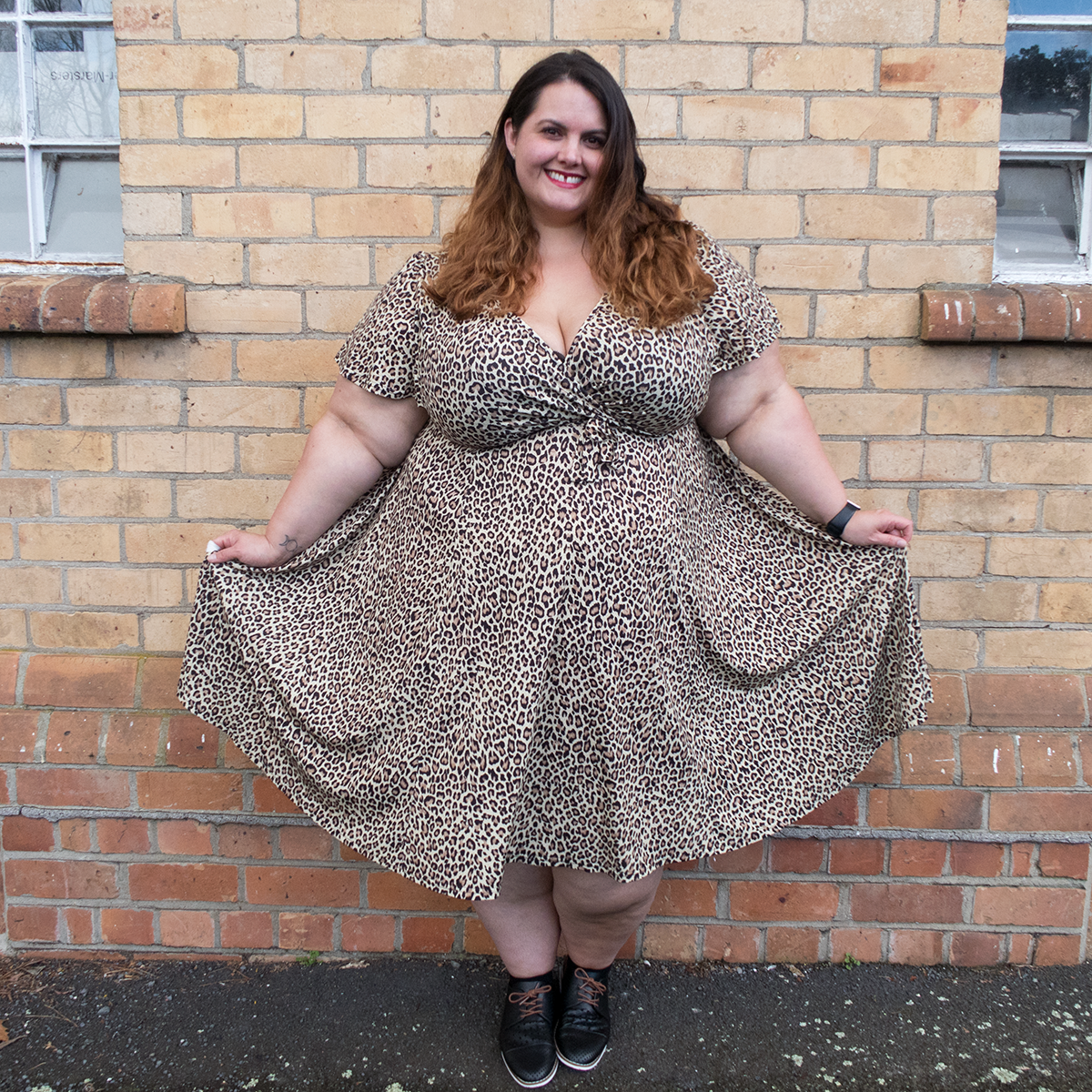 New Zealand plus size fashion blogger Meagan Kerr wears Lady Voluptuous Lyra Dress in leopard print, exclusive to Two Lippy Ladies, Emerge Anaheim Cut-out Lace Up Court Flat from EziBuy. Photo by Miss Charlotte Cake