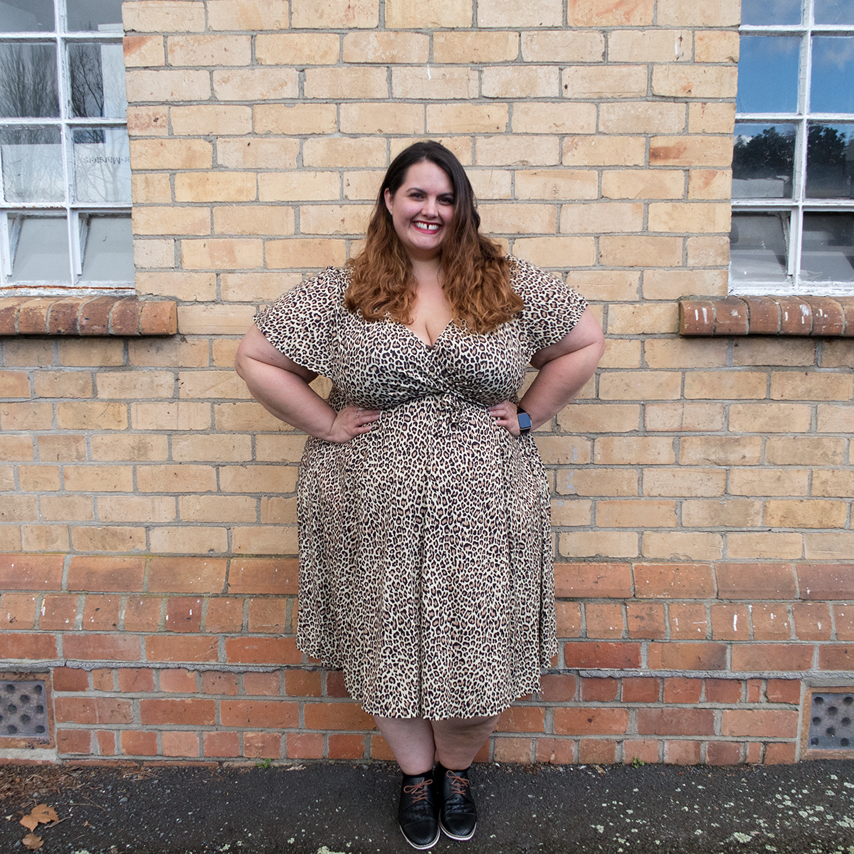 New Zealand plus size fashion blogger Meagan Kerr wears Lady Voluptuous Lyra Dress in leopard print, exclusive to Two Lippy Ladies, Emerge Anaheim Cut-out Lace Up Court Flat from EziBuy. Photo by Miss Charlotte Cake