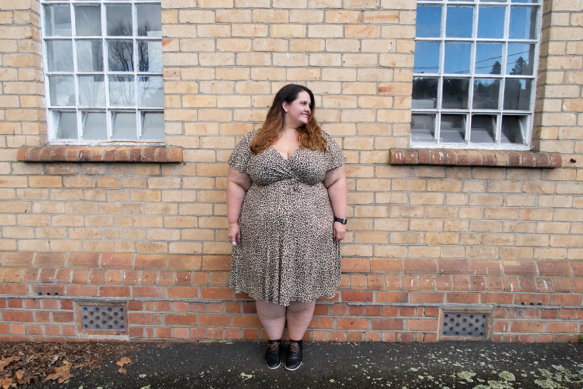 New Zealand plus size fashion blogger Meagan Kerr wears Lady Voluptuous Lyra Dress in leopard print, exclusive to Two Lippy Ladies, Emerge Anaheim Cut-out Lace Up Court Flat from EziBuy. Photo by Miss Charlotte Cake