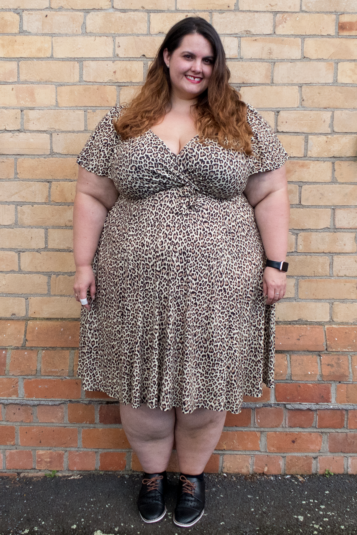 New Zealand plus size fashion blogger Meagan Kerr wears Lady Voluptuous Lyra Dress in leopard print, exclusive to Two Lippy Ladies, Emerge Anaheim Cut-out Lace Up Court Flat from EziBuy. Photo by Miss Charlotte Cake