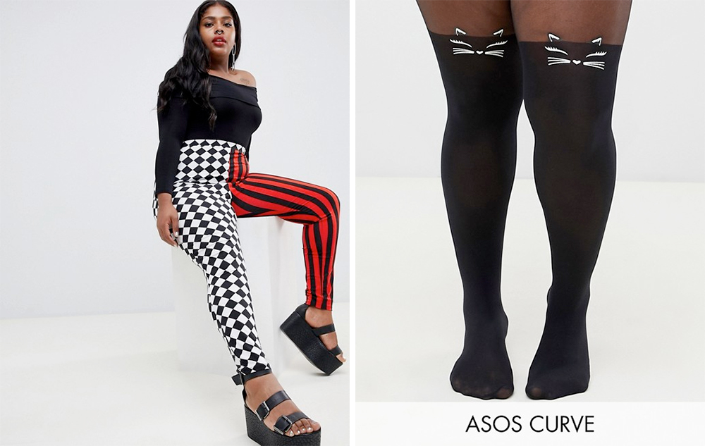 Plus Size Halloweeen Leggings: ASOS DESIGN Curve Halloween Harlequin Leggings, $35.65 from ASOS | ASOS DESIGN Curve Halloween Glow in the Dark Cat Tights, $22.28 from ASOS