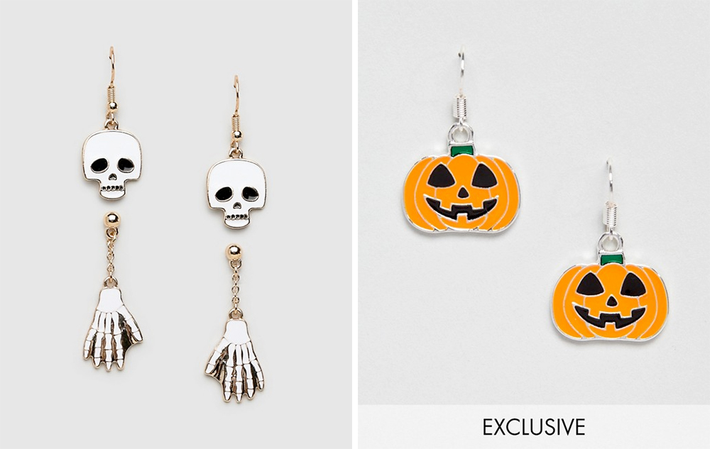 Halloween Earrings: ASOS DESIGN HALLOWEEN pack of 2 earrings with skull and skeleton, $11.14 from ASOS | Monki halloween pumpkin earrings in orange, $11.14 from ASOS