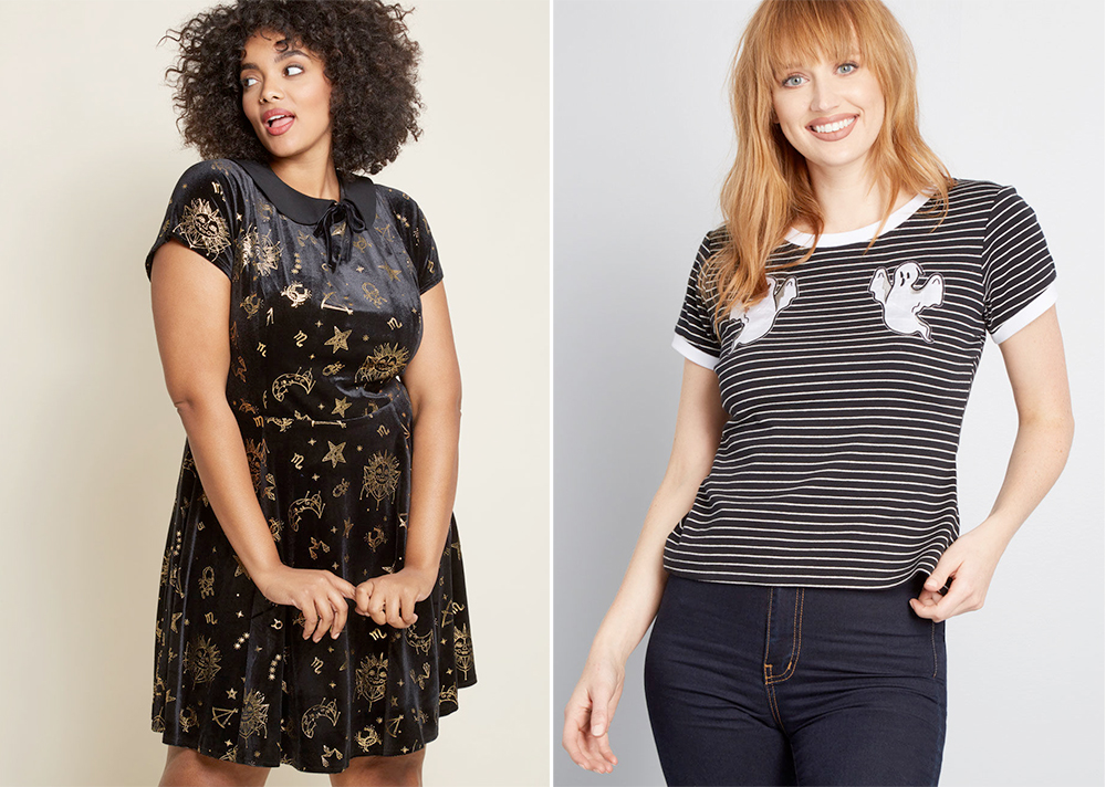 Plus size Halloween costumes: Collectif x MC Applied Astrology Velvet Skater Dress, USD $89.00 from ModCloth | Hell Bunny Ghost Your Own Way Striped T-Shirt, USD $25.00 from ModCloth