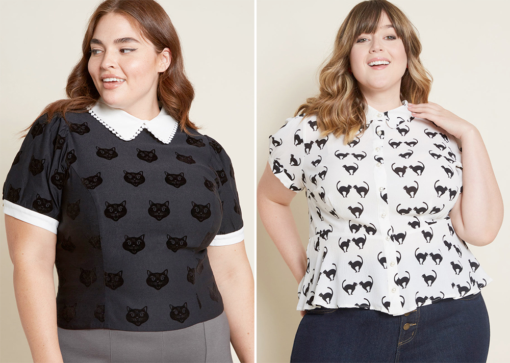 Plus Size Halloween Costumes: Collectif x MC Polished Purr-suasion Collared Top, USD $49.00 from ModCloth | Collectif x MC Regularly Scheduled Sass Blouse in Cats, USD $49.00 from ModCloth