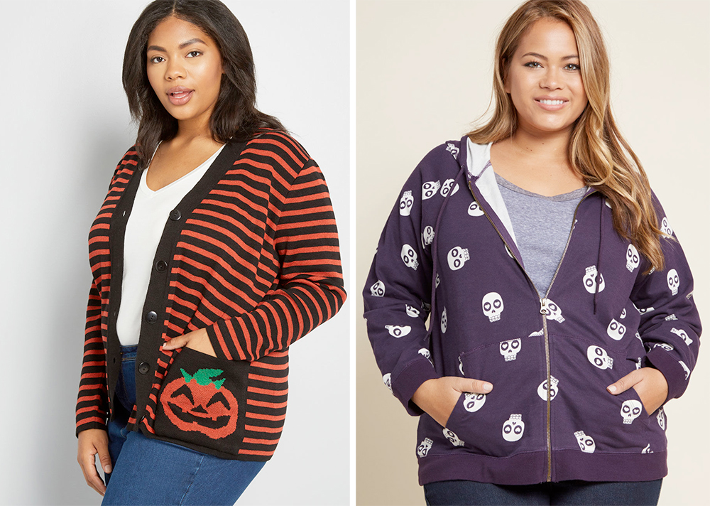 Plus Size Halloween Costumes: For the Greater Gourd Pumpkin Sweater, USD $49.00 from ModCloth | Zip, Zip, Hooray Hoodie in Skulls, USD $49.00 from ModCloth
