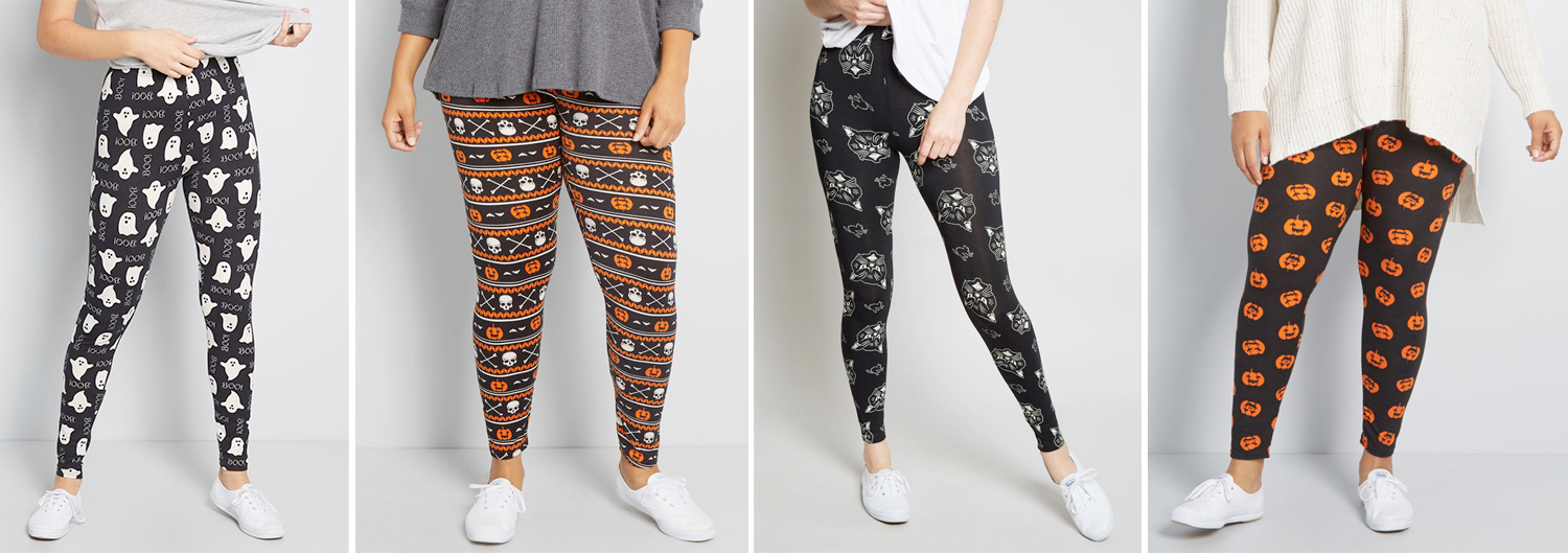 Plus Size Halloweeen Costumes: Ghost Above and Beyond Leggings, USD $25.00 from ModCloth | Spooky Truth Halloween Leggings, USD $25.00 from ModCloth | Banned Somethin' Spooky Glow-in-the-Dark Leggings, USD $25.00 from ModCloth | For Gourd Measure Halloween Leggings, USD $25.00 from ModCloth
