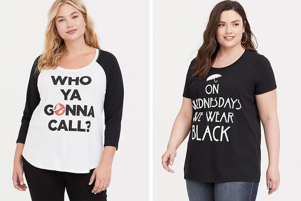 Plus Size Halloween Tees: Ghostbusters Who You Gonna Call Raglan Tee, USD $38.90 from Torrid | American Horror Story On Wednesdays We Wear Black Slim Fit Tee, USD $34.90 from Torrid