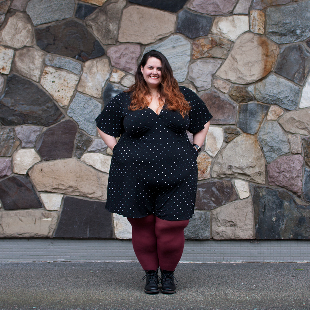 New Zealand plus size blogger Meagan Kerr wears Polka Dot Romper from Torrid; Pamela Mann 90 Denier Maxi Opaque Plus Size Tights from The Tight Spot; and Limited Edition Lecester Boots from Number One Shoes. Photo by Doug Peters / Ambient Light
