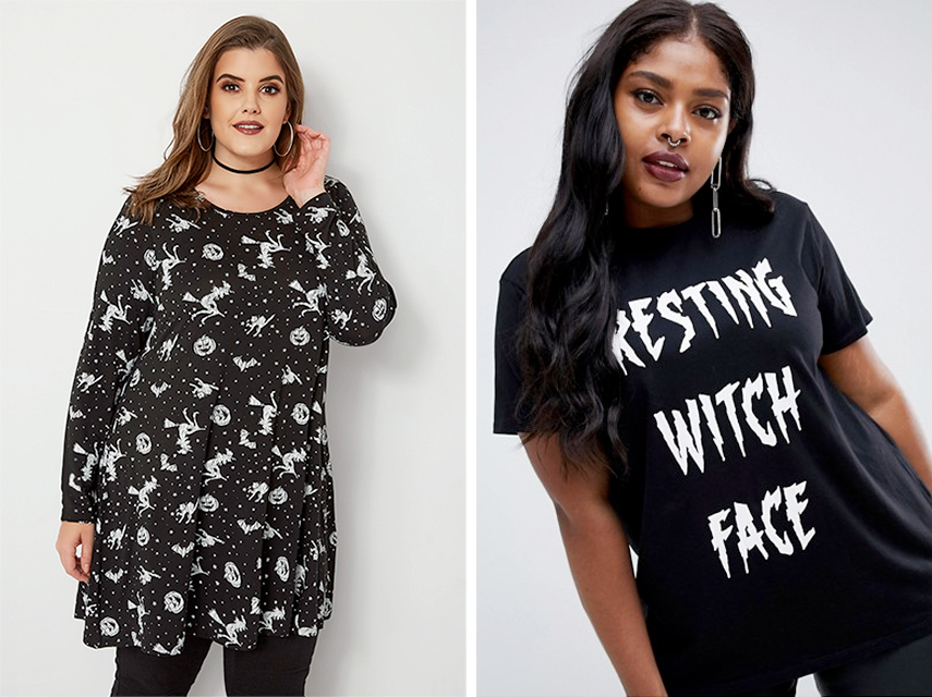 Plus Size Halloween Tees: Black Halloween Witch Top, AUD $49.00 from Yours Clothing | ASOS DESIGN Curve Resting Witch Face T-shirt, $26.74 from ASOS