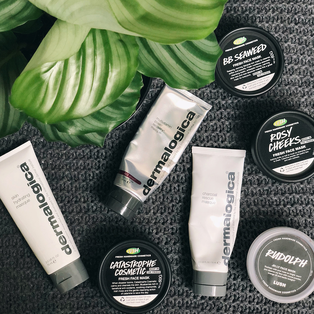 Skincare Routine for Dry and Sensitive Skin: Dermalogica Skin Hydrating Masque, Dermalogica Multivitamin Power Recovery Masque, Lush Catastrophe Cosmetic Fresh Face Mask, Lush BB Seaweed Fresh Face Mask, Lush Rosy Cheeks Fresh Face Mask, Dermalogica Charcoal Rescue Masque, Lush Rudolph Jelly Face Mask