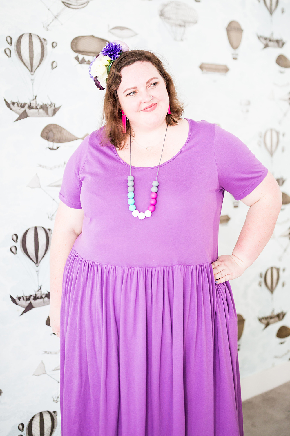 Plus size model Laura wears the House of Boom Demelza Dress in lilac