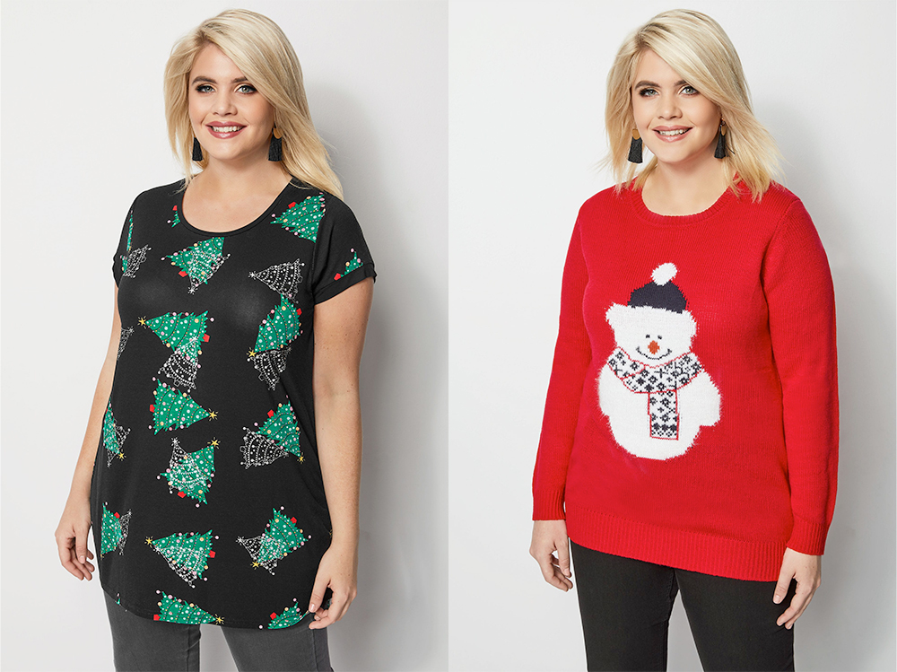 Plus size Christmas sweaters and tees | Black Christmas Tree Print T-Shirt, £15.99 from Yours Clothing and Red Snowman Christmas Jumper, £26.99 from Yours Clothing