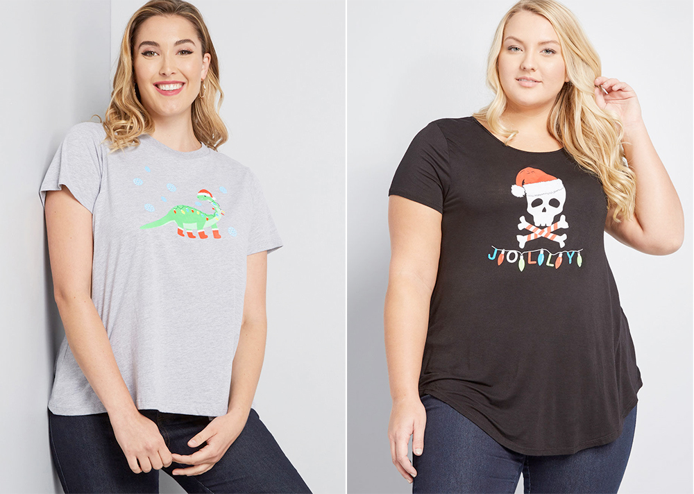 Plus size Christmas sweaters and tees // Holly Jolly Bronto Graphic Tee, USD $25.00 from ModCloth | Skull-Fledged Affair Graphic Tee, USD $25.00 from ModCloth