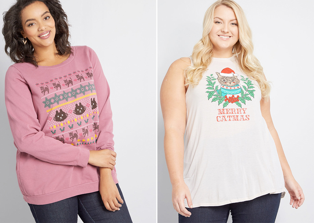 Plus size Christmas sweaters and tees // Furry Festivities Holiday Sweatshirt, USD $45.00 from ModCloth | Merry Catmas Graphic Tank Top, USD $25.00 from ModCloth