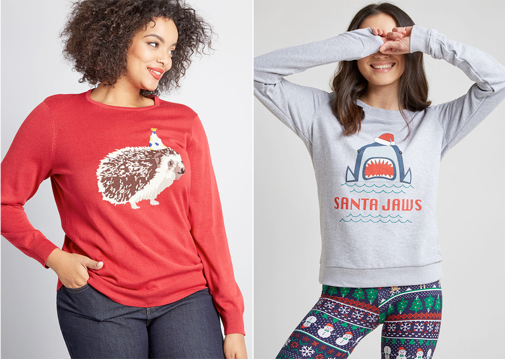 Plus size Christmas sweaters and tees // Sugarhill Brighton Living on the Hedge Sweater, USD $69.00 from ModCloth | Santa Jaws Graphic Sweatshirt, USD $45.00 from ModCloth