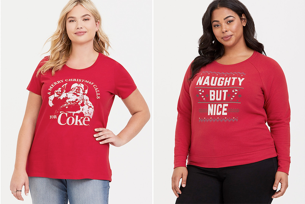 Plus size Christmas sweaters and tees // Red Santa Coke Crew Tee, USD $34.90 from Torrid | Naught But Night Sweatshirt, USD $44.90 from Torrid