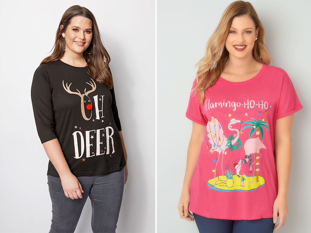Plus size Christmas sweaters and tees | 'Oh Deer' Christmas Top, £14.99 from Yours Clothing and Flamingo Ho-Ho Glitter Print T-Shirt, £14.99 from Yours Clothing