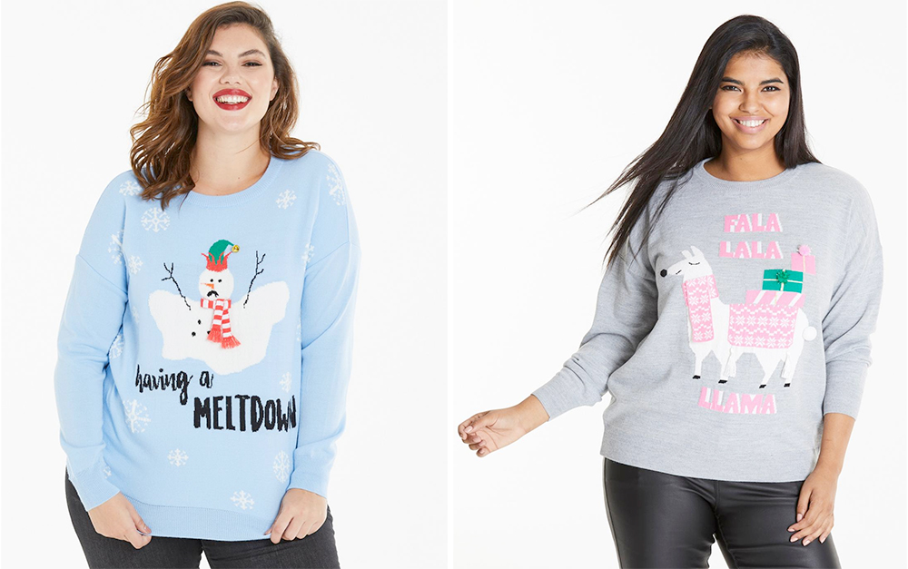 Plus size Christmas sweaters and tees | Having A Meltdown Novelty Sweater, USD $37.99 from Simply Be | Fa La La La Llama Sweater, USD $37.99 from Simply Be