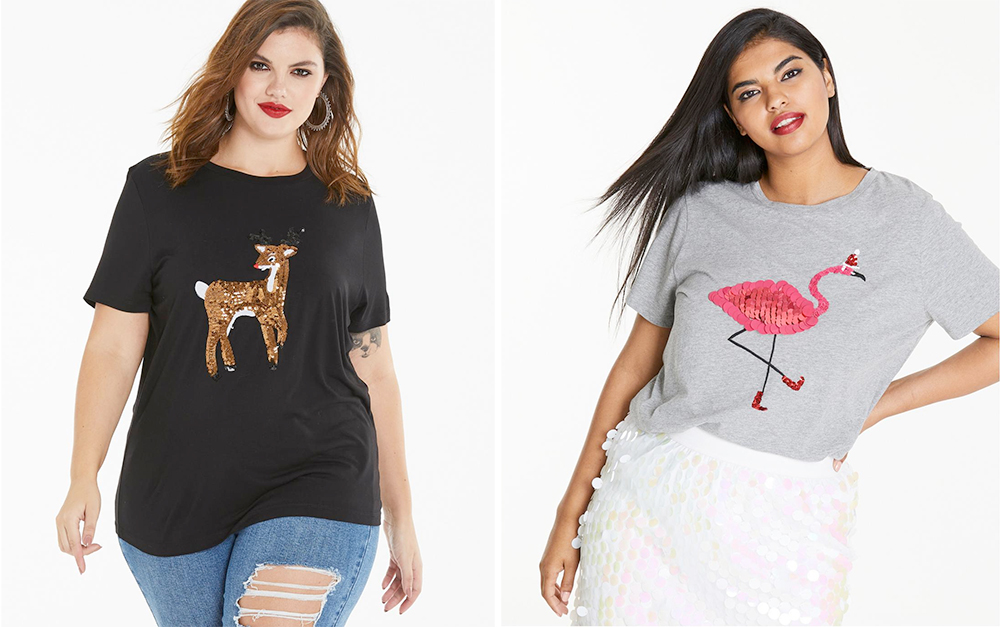 Plus size Christmas sweaters and tees | Sequin Deer Xmas T-shirt, USD $29.99 from Simply Be | Sequin Flamingo Xmas T-shirt, USD $26.99 from Simply Be