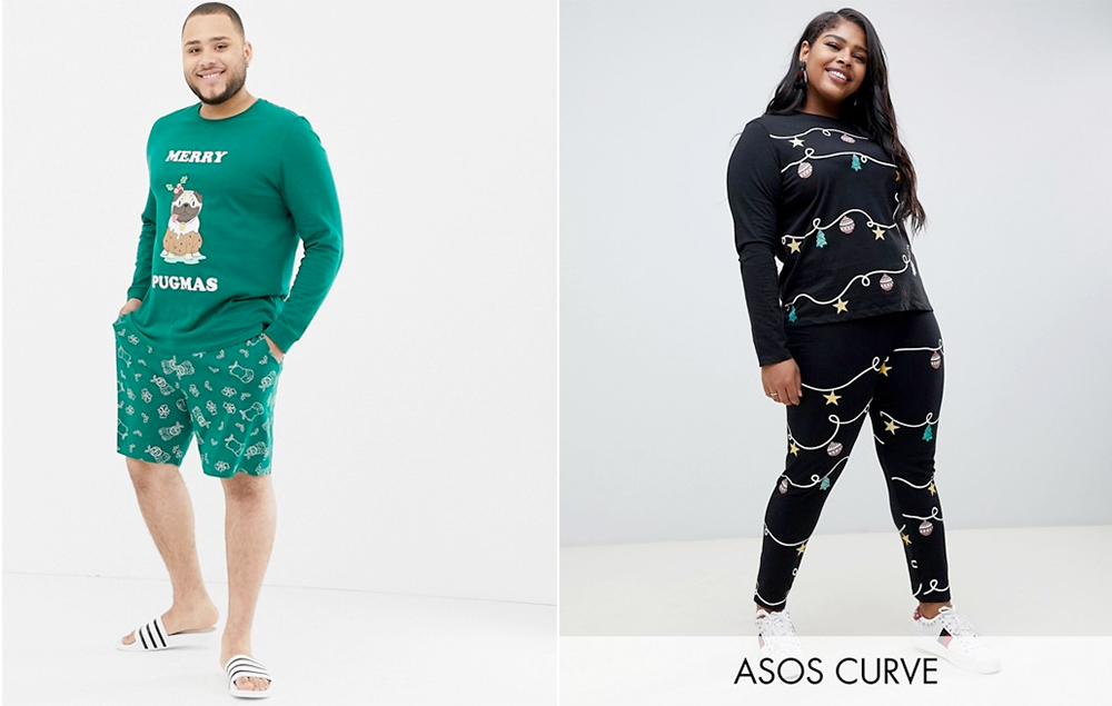 Plus size Christmas sweaters and tees // ASOS DESIGN Plus Christmas Short Pyjama Set with Festive Pug Design, $51.25 from ASOS | ASOS DESIGN Curve Co-ord Christmas Lights Glitter Garland Top $35.65 and Leggings $40.11 from ASOS
