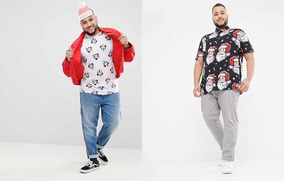 Plus size Christmas sweaters and tees // ASOS DESIGN Plus Mickey Mouse Santa T-shirt, $49.02 from ASOS | ASOS DESIGN Plus Santa Print Shirt, $55.71 from ASOS