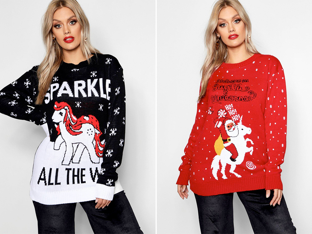 Plus size Christmas sweaters and tees // Boohoo Plus Sparkle All The Way Christmas Jumper, AUD $45.00 from boohoo | Boohoo Plus Santa and Unicorns Christmas Jumper, AUD $45.00 from boohoo