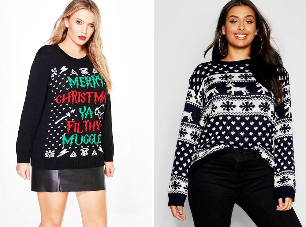 Plus size Christmas sweaters and tees // Boohoo Plus 'Merry Xmas Ya Flithy Muggle' Jumper, AUD $50.00 from boohoo | Boohoo Plus Snowflake Christmas Jumper, AUD $40.00 from boohoo