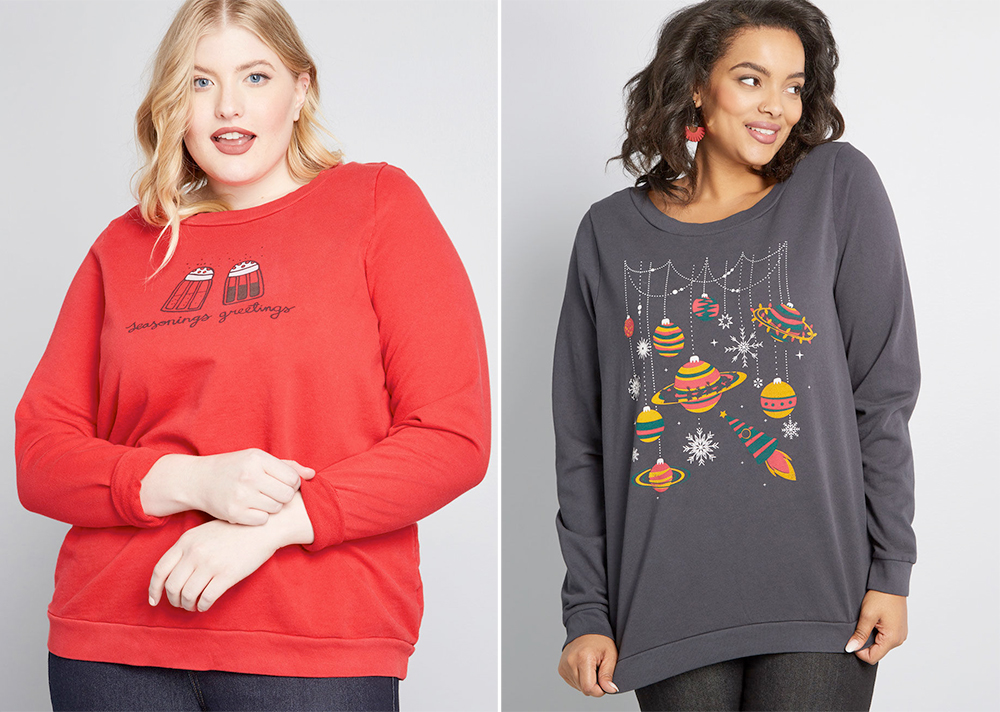 Plus size Christmas sweaters and tees // Spice Up the Celebration Sweatshirt, USD $45.00 from ModCloth | Celestially Festive Holiday Sweatshirt, USD $45.00 from ModCloth