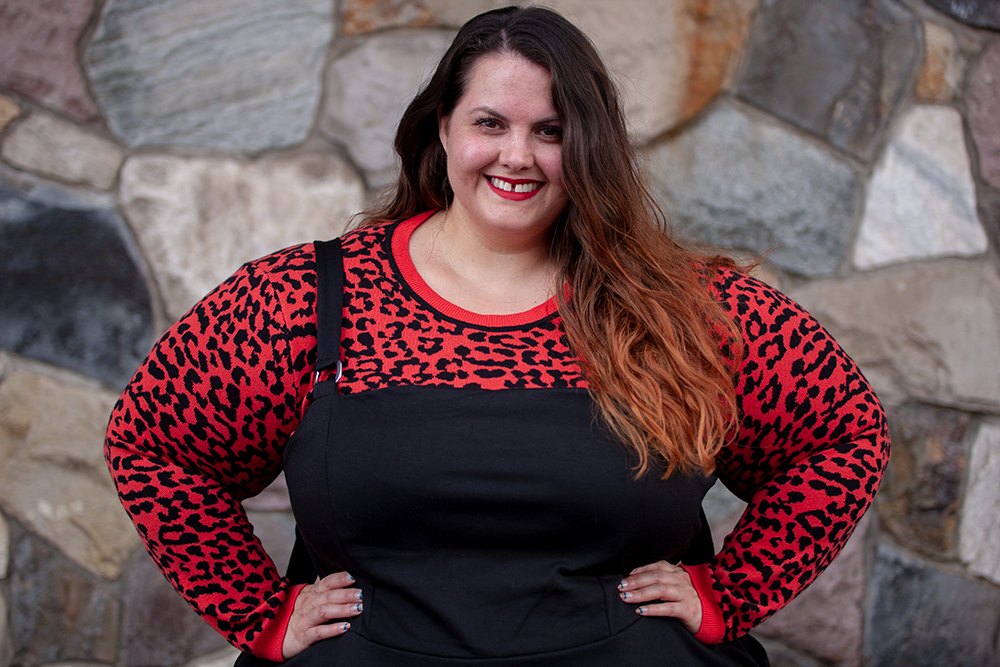 New Zealand plus size fashion blogger Meagan Kerr wears Oasis Curve Animal Jacquard Sweater and Ponte Pinafore from Simply Be