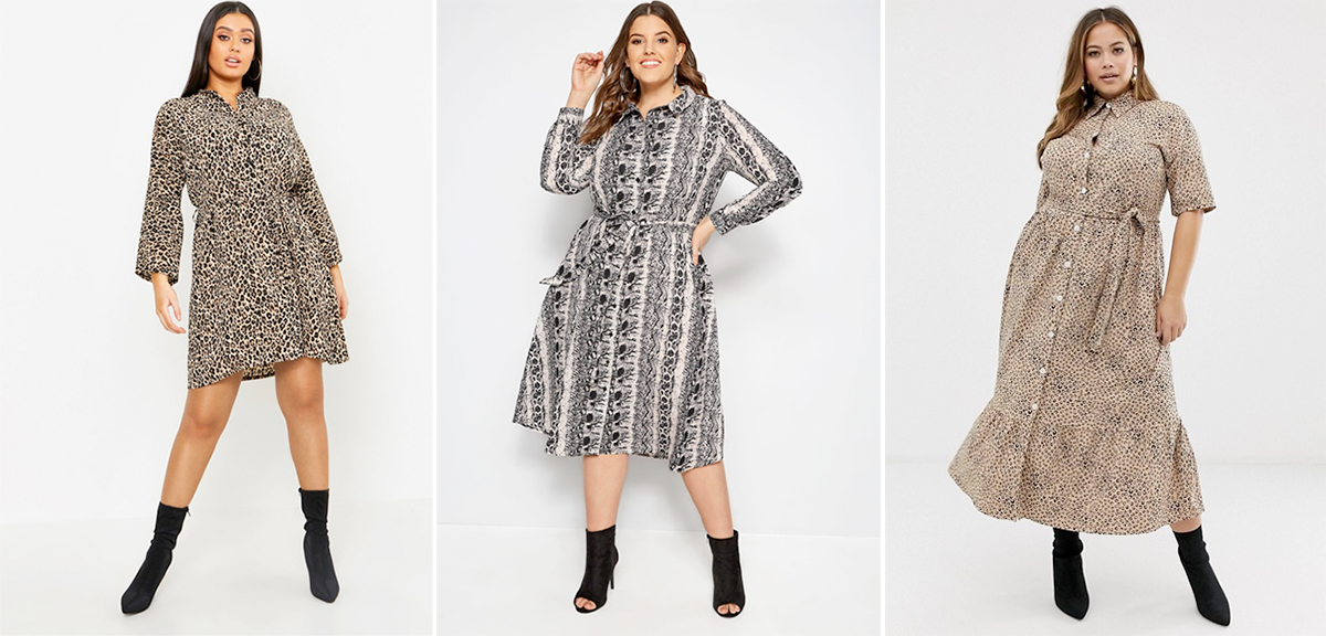 Plus Size Animal Print 2019: boohoo Plus Leopard Print Tie Shirt Dress, AUD $25.00 from boohoo.com; Snake Print Shirt Dress, £29.99 from Yours Clothing; ASOS DESIGN Curve Midi Shirt Dress, $77.99 from ASOS