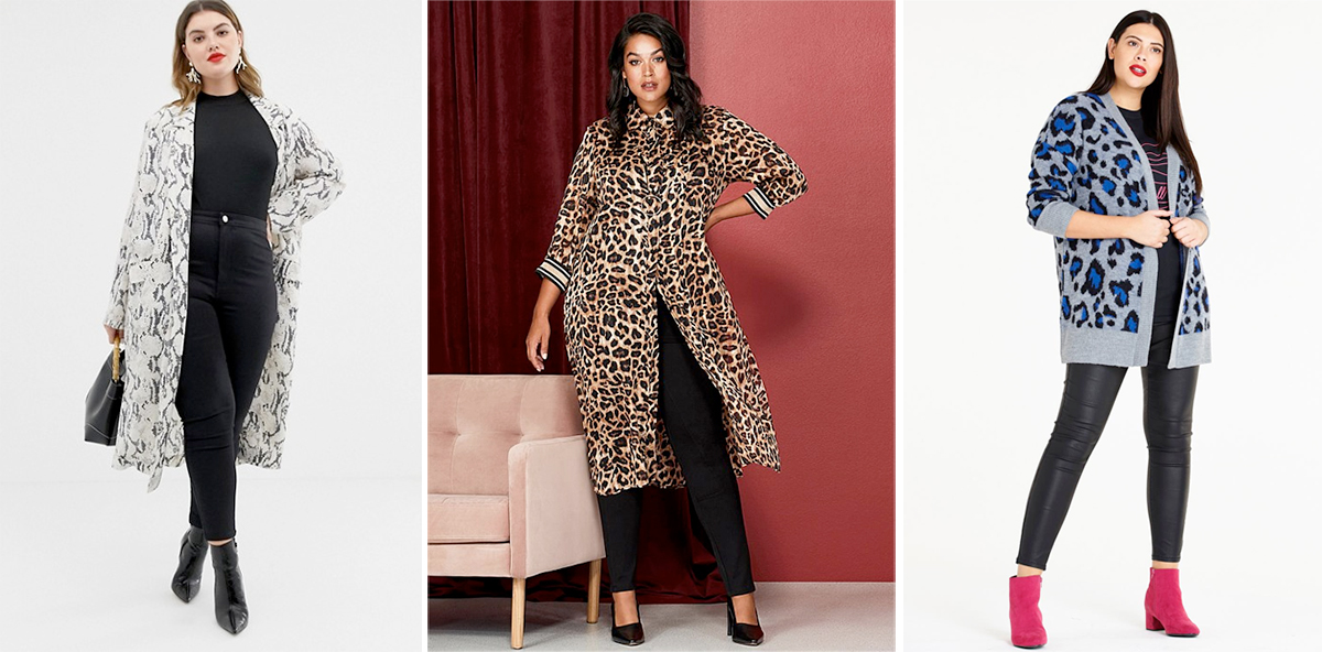 Plus Size Animal Print 2019: ASOS DESIGN Curve Snake Duster Coat, $89.13 from ASOS; Wild Thing Shirt, AUD $139.95 from Taking Shape; Neon Leopard Cardigan, USD $35.49 from Simply Be