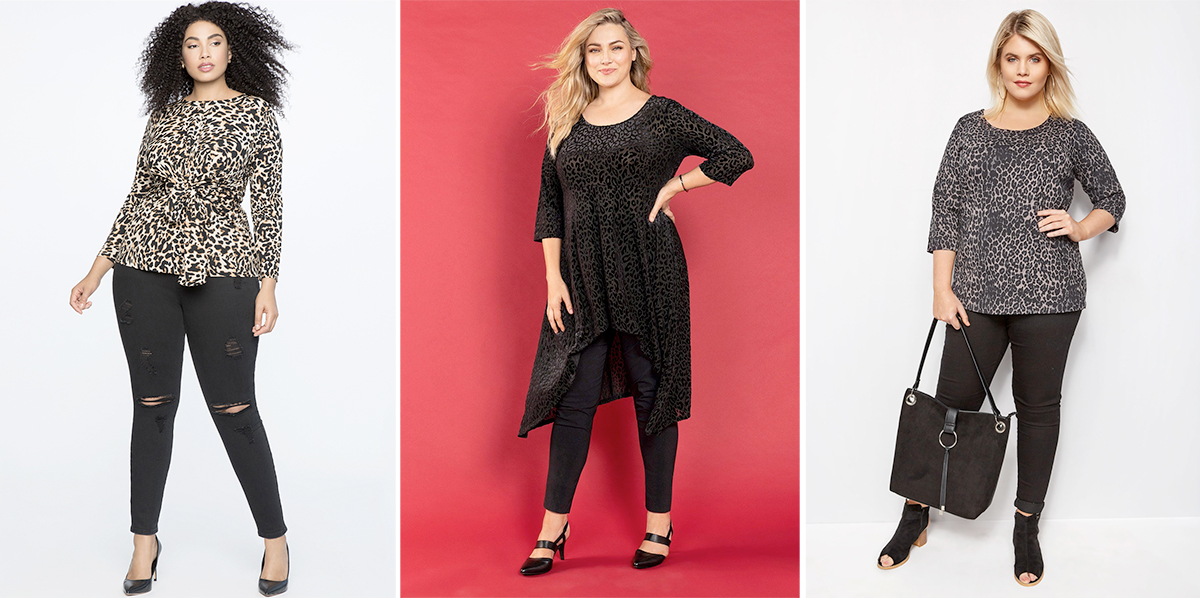 Plus Size Animal Print 2019: Wild & Free Twisted and Tied Long Sleeve Tunic, USD $64.95 from Eloquii; Sara Burnout Tunic, $119.99 from EziBuy; Grey Animal Print Seamed Scoop Neck Top, £11.99 from Yours Clothing 