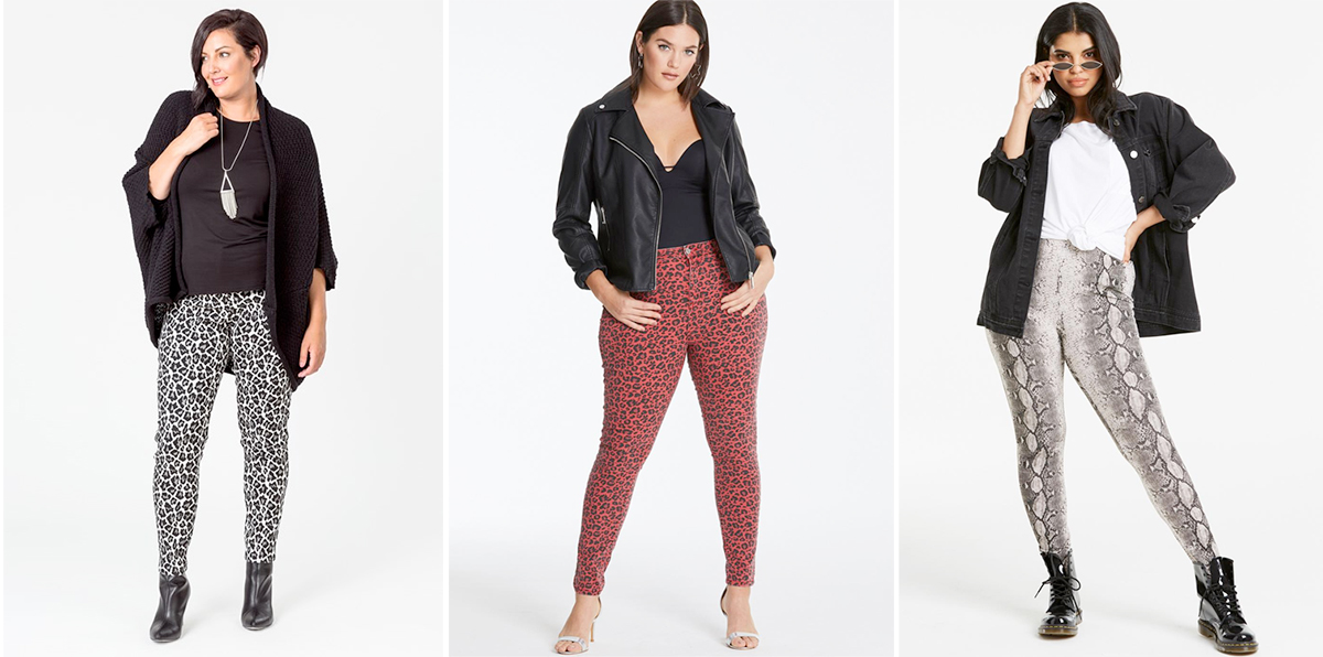 Plus Size Animal Print 2019: Animal Pant, $109.90 from K&K; Chloe Leopard High Waist Skinny Jeans, USD $35.99 from Simply Be; Snake Print Jersey Leggings, USD $15.99 from Simply Be