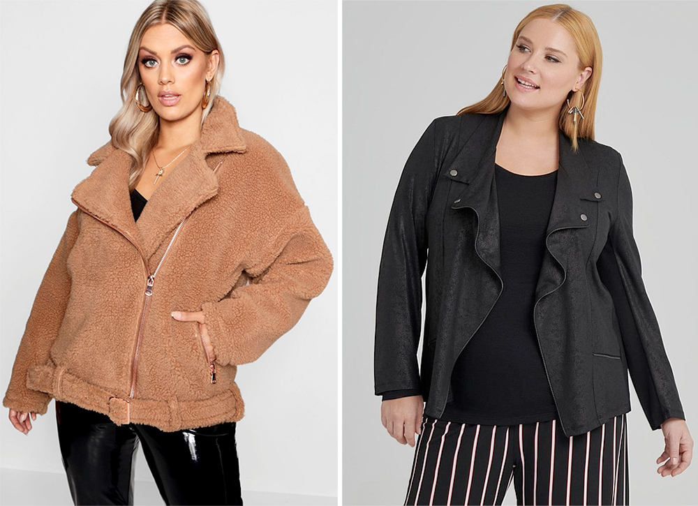 Plus size biker jackets: Boohoo Plus Teddy Faux Fur Biker Jacket, AUD $113.00 from Boohoo and Snap Short Jacket, AUD $199.95 from Taking Shape